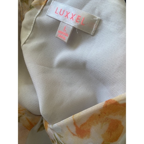 Luxxel Floral Open Back Maxi Dress Size Large Orange Cream Puff Sleeve Chiffon - Picture 7 of 7